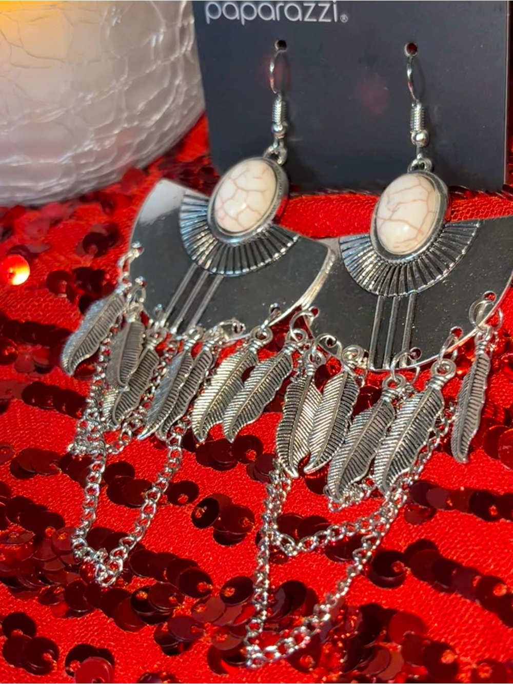 Paparazzi Silver and Cream Boho Feather Chandelier Earrings